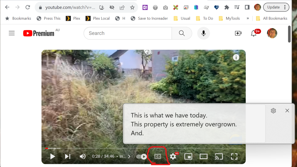 Image of youtube without cc available and MS Live Captions overlay showing text of audio as video plays.